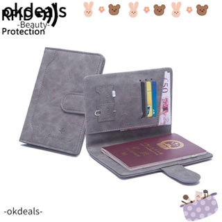 OKDEALS Rfid ธุรกิจ ปกหนังสือเดินทาง ผู้หญิง ผู้ชาย หัวเข็มขัด หนัง PU กระเป๋าสตางค์