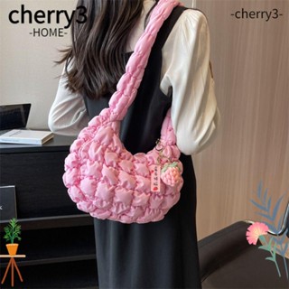 Cherry3 กระเป๋าสะพายไหล่ ผ้าฝ้าย ลายสก๊อต สีพื้น สไตล์เกาหลี สําหรับผู้หญิง