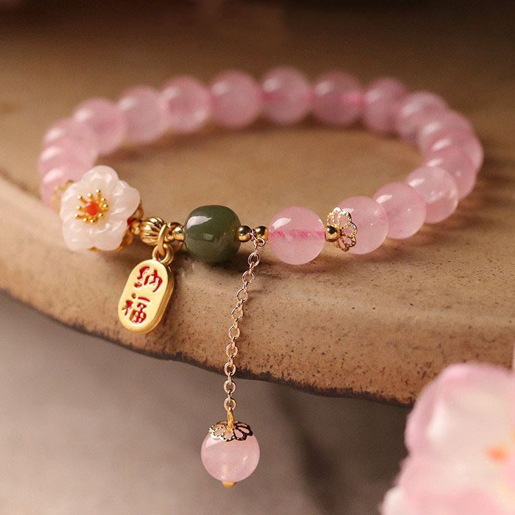 Lucky Pink Peach Blossom สร ้ อยข ้ อมือคริสตัลแฟนจี ้ สร ้ อยข ้ อมือ กําไลลูกปัด