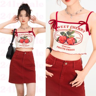 shop24📱สต็อกไทย เสื้อรอปสายเดี่ยวแบบผูก กุ้นขอบแดง อกสกรีนลายเชอร์รี่ SWEET CHERRY