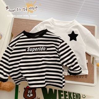 พร้อมส่ง เสื้อยืดแขนยาว ผ้าฝ้ายแท้ ลายทาง แฟชั่นฤดูใบไม้ผลิ และฤดูใบไม้ร่วง สไตล์เกาหลี สําหรับเด็กผู้ชาย และผู้หญิง