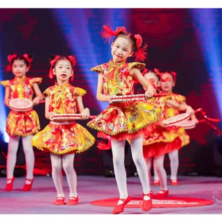 ชุดราตรีเด็กโต กี่เพ้าเด็กโต Children&amp;#39;s Day Rap China Red Celebration Wind Dream Baby Drumming Yangko เสื้อผ้าเด็กวัยหัดเดินหญิงชุดเต้นรำกลองไทปิง