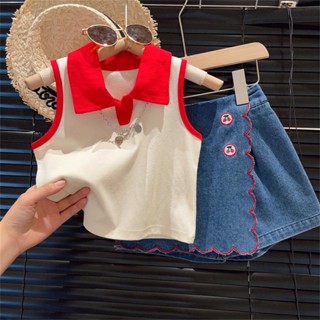 Cream Suit Elegant Western Style Summer New Girls Thin Sleeveless Top Denim Short Pants Skirt Two-piece Fashionable Set