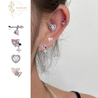 Roselife Sweet ชุดต่างหูสตั๊ด เพทาย รูปลูกศร หัวใจ สีชมพู สไ…