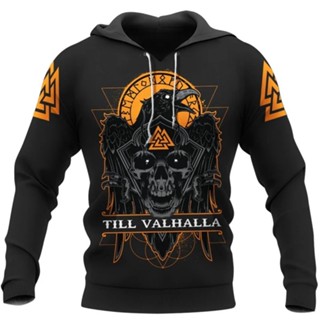 เสื้อกันหนาว มีฮู้ด พิมพ์ลาย Till Valhalla Raven Viking