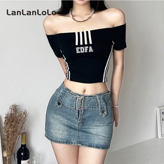 Lanlanlolo เสื้อยืดลําลอง แขนสั้น เปิดไหล่ พิมพ์ลาย แฟชั่นสําหรับสตรี 2023