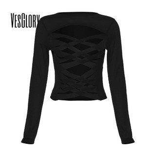 Vesglory เสื้อครอปท็อปลําลอง แขนยาว คอกลม ทรงสลิมฟิต พิมพ์ลาย สีพื้น แฟชั่นสําหรับสตรี 2023