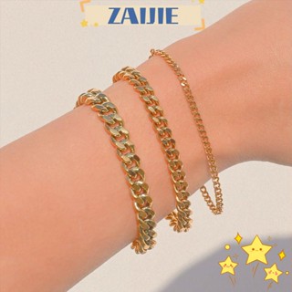 Zaijie24 สร้อยข้อมือสเตนเลส ชุบทอง 18K 4 6 8 มม. สไตล์ฮิปฮอป