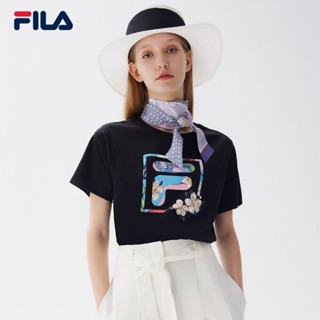 Fila เสื้อยืด คอกลม แขนห้าส่วน ผ้าถัก ทรงหลวม พิมพ์ลายโลโก้ดอกไม้ ของแท้ 100% แฟชั่นสําหรับผู้หญิง