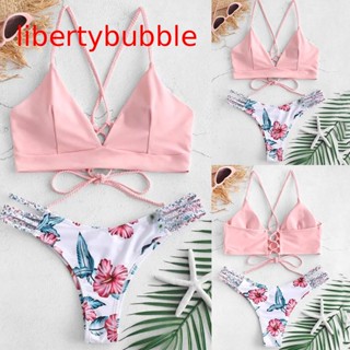 【libertybubbler】ชุดว่ายน้ําบิกินี่ ทูพีช ดันทรง ลายดอกไม้ สําหรับผู้หญิง