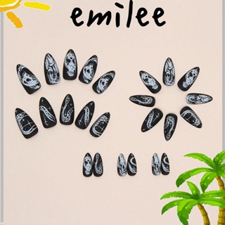 Emilee เล็บปลอม รูปกะโหลก อัลมอนด์ แบบยาว ถอดออกได้ เหมาะกับวันฮาโลวีน สําหรับผู้หญิง 24 ชิ้น