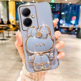 ใหม่ เคสโทรศัพท์มือถือนิ่ม ลายการ์ตูนกระต่ายน่ารัก พร้อมกระจกแต่งหน้า และขาตั้ง หรูหรา สําหรับ VIVO V29 Y78 Y36 Y27 Y02 Y02A V27e V27 5G 4G 2023