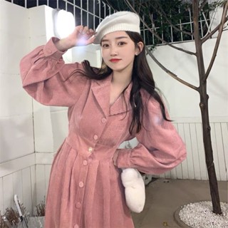 Ann.Fashion เสื้อโค้ทผ้าลูกฟูกอย่างดี เดรสยาวคอปก โค้ทยาวคอปกกระดุมหน้า เอวสม็อค แขนขาวแบบจั๊ม #9619