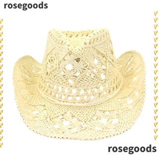 Rosegoods1 หมวกฟางสาน กันแดด ระบายอากาศ สไตล์คาวบอย ตะวันตก แฟชั่น