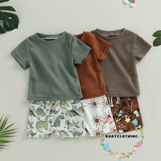 Babyclothes- ชุดเสื้อยืด แขนสั้น ลายวาฟเฟิล และไดโนเสาร์ ยืดหยุ่น กันแดด และกางเกงขาสั้น พิมพ์ลายหัวกระทิง แฟชั่นฤดูร้อน สําหรับเด็กผู้ชาย 2 ชิ้น