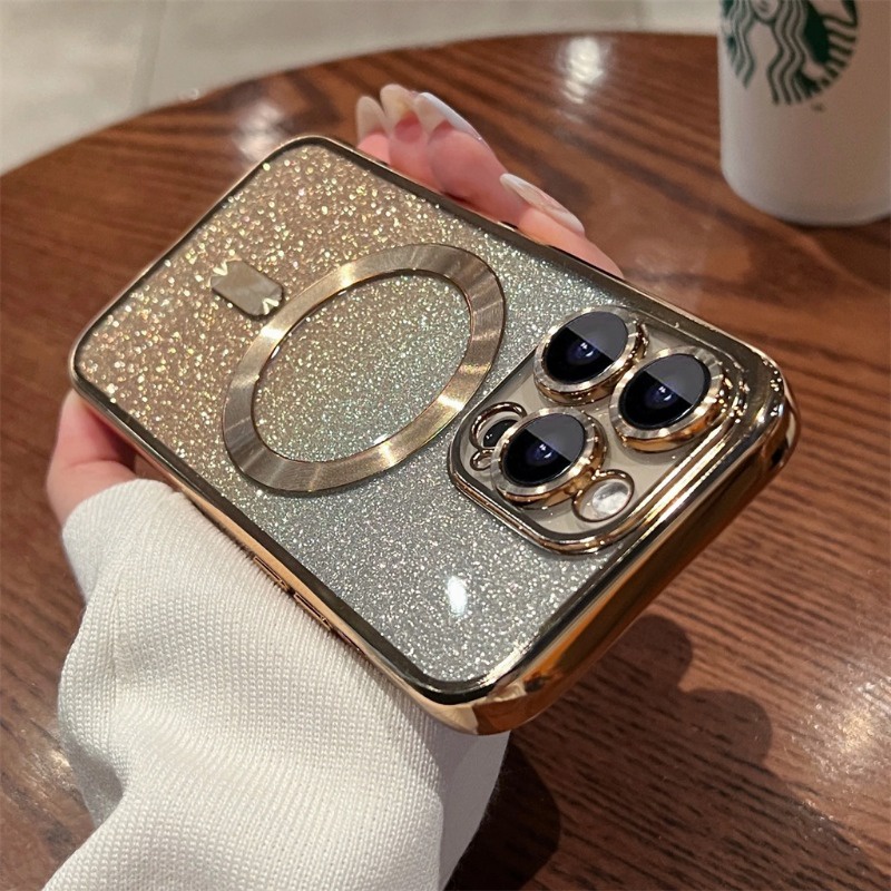 เคสโทรศัพท์มือถือแบบนิ่ม TPU ใส กันกระแทก กันรอยเลนส์กล้อง แต่งกลิตเตอร์ พร้อมที่ชาร์จแม่เหล็ก สําหรับ iPhone 14 Pro Max 11 12 13 Pro Max