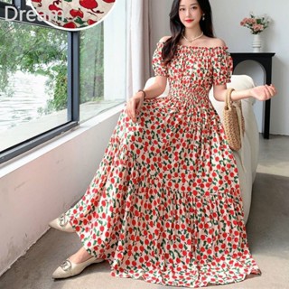 Floral shoulder long dress artificial cotton long dress large skirt bohemian beach skirt holiday skirt