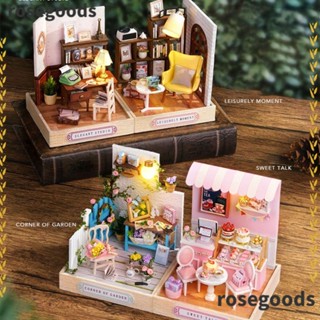 Rosegoods1 ชุดบ้านตุ๊กตาไม้จิ๋ว DIY พร้อมกล่องไฟ สําหรับตกแต่งบ้านตุ๊กตา