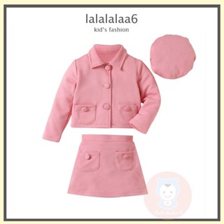 Laa6- เสื้อโค้ทแขนยาว คอปก และกระโปรง กระดุม สีชมพู สําหรับเด็กผู้หญิง