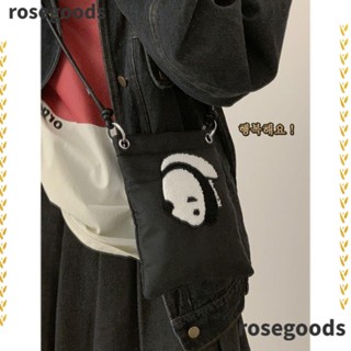 Rosegoods1 กระเป๋าใส่โทรศัพท์มือถือ ผ้าแคนวาส ไนล่อน ลายการ์ตูนแพนด้า สีดํา ความจุขนาดใหญ่ แฟชั่นสําหรับผู้หญิง