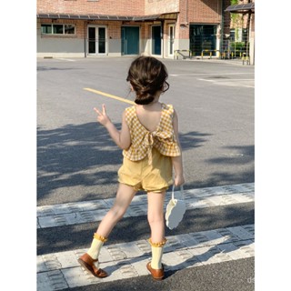 Korean style childrens clothing 2023 Summer new elegant girls plaid lace-up vest top Lantern shorts two-piece set RQKC