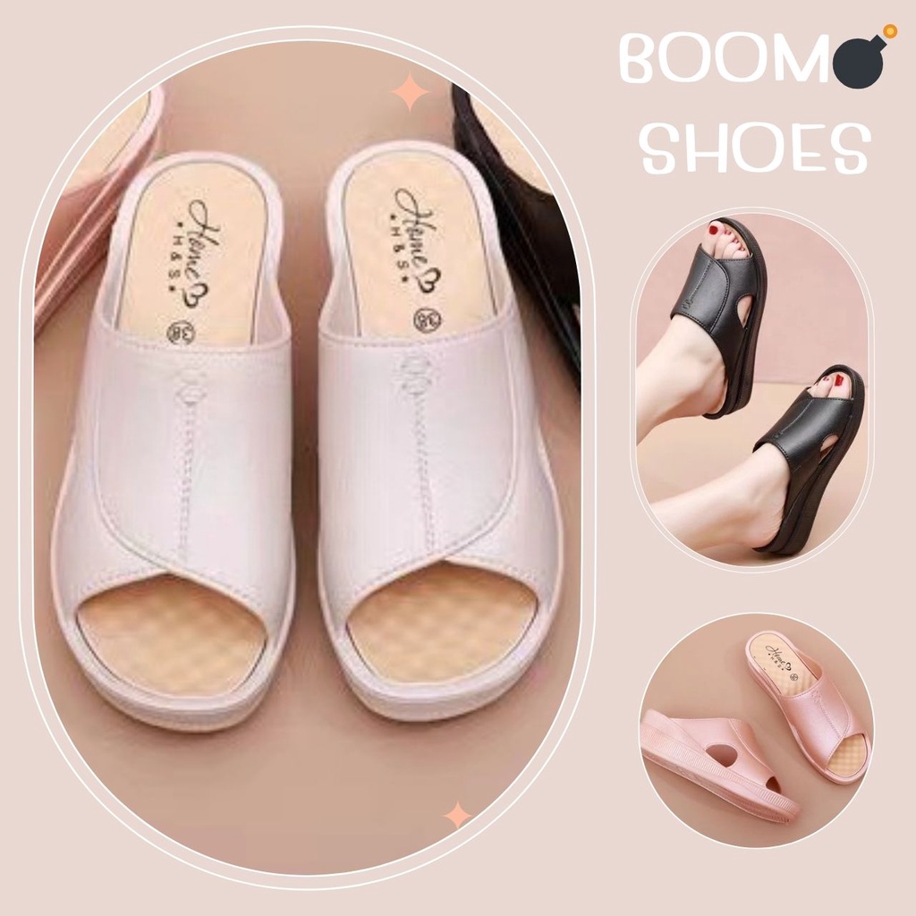 BOOM รองเท้าแตะแบบสวมเสริมส้น 5 cm คาดแถบใหญ่กระชับเท้า สีพื้น 3 สี