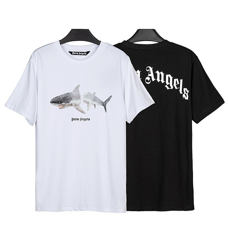 เสื้อยืด 【New】Palm Angels Shark print Couples Fashion Cotton T-Shirts Casual Sporty Short Sleeve T-Shirts Unisex