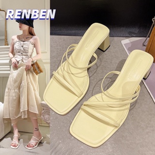 RENBEN ใหม่สไตล์นางฟ้ารองเท้าแตะส้นหนาสแควร์ Toe Flip Flop แฟชั่น