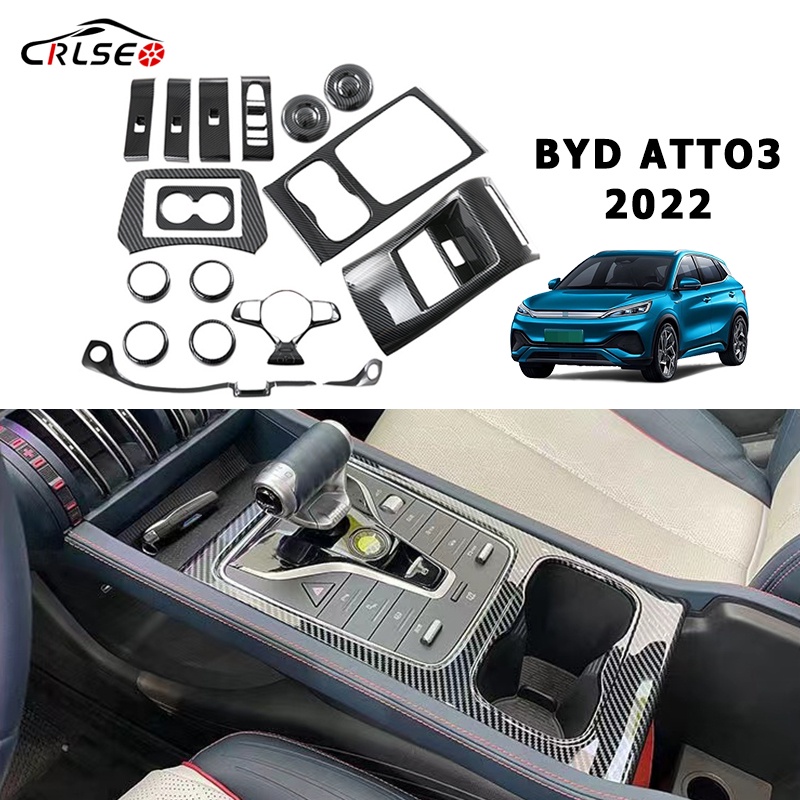 CRLSEO สําหรับ BYD Atto 3 Yuan PLUS 2022 คาร์บอนไฟเบอร์ แต่งรถภายในรถยนต์ หุ้มพวงมาลัย ที่วางแก้วน้ํา ช่องระบายอากาศ ฝาครอบลําโพง กล่องเกียร์ ฝาครอบช่องแอร์