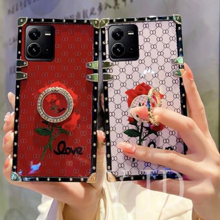 Yjd เคสโทรศัพท์ กันกระแทก ขอบตรง ลายดอกกุหลาบ ประดับเพชร พร้อมแหวน สําหรับ Vivo V25 Pro V25e