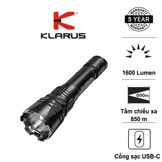 KLARUS XT12GT Pro ไฟฉายไฟสูง ความสว่าง 1600 ลูเมน ระยะลําแสง 850 ม. พร้อมแบตเตอรี่ USB-C 21700 5000m