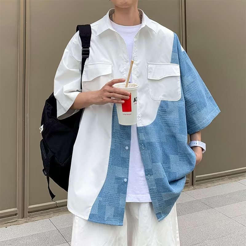 เสื้อเชิ้ตเย็บชายครึ่งตัวอินสไตล์ฮ่องกงดีไซน์อินเทรนด์ทุกการแข่งขันฤดูร้อนครึ่งแขนด้านนอก