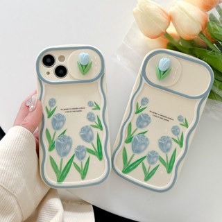 เคสโทรศัพท์มือถือ ป้องกันเลนส์กล้อง ลายดอกทิวลิป 3D สีฟ้า สําหรับ iPhone 14 Pro Max 14 Plus 11 12 13 Pro Max 12Pro Max