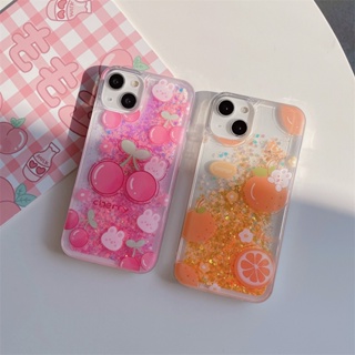 เคสโทรศัพท์มือถือแบบใส มีทรายไหล กันกระแทก ลายกระต่าย เชอร์รี่ ส้ม สีเหลือง สําหรับ IPhone 14 Pro Max 14 Plus 13 Pro Max 12 Pro Max 11 Pro Max