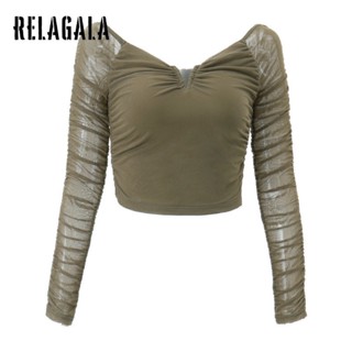 Relagala ใหม่ เสื้อยืดซีทรู แขนยาว สีพื้น เซ็กซี่ ลําลอง เข้ารูป แฟชั่นสําหรับสตรี 2023