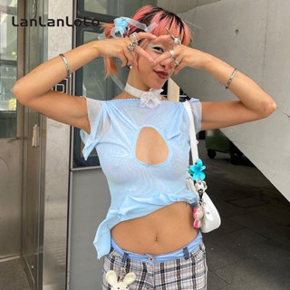 Lanlanlolo เสื้อท็อปลําลอง คอกลม แขนสั้น ผ้าเชียร์ ผ้าตาข่ายกลวง สีพื้น เซ็กซี่ สําหรับสตรี 2023