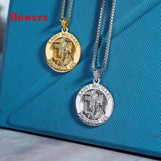 ดอกไม้ ทรงกลม St. Christopher สร้อยคอสเตนเลส พร้อมจี้เหรียญ 22+2 นิ้ว