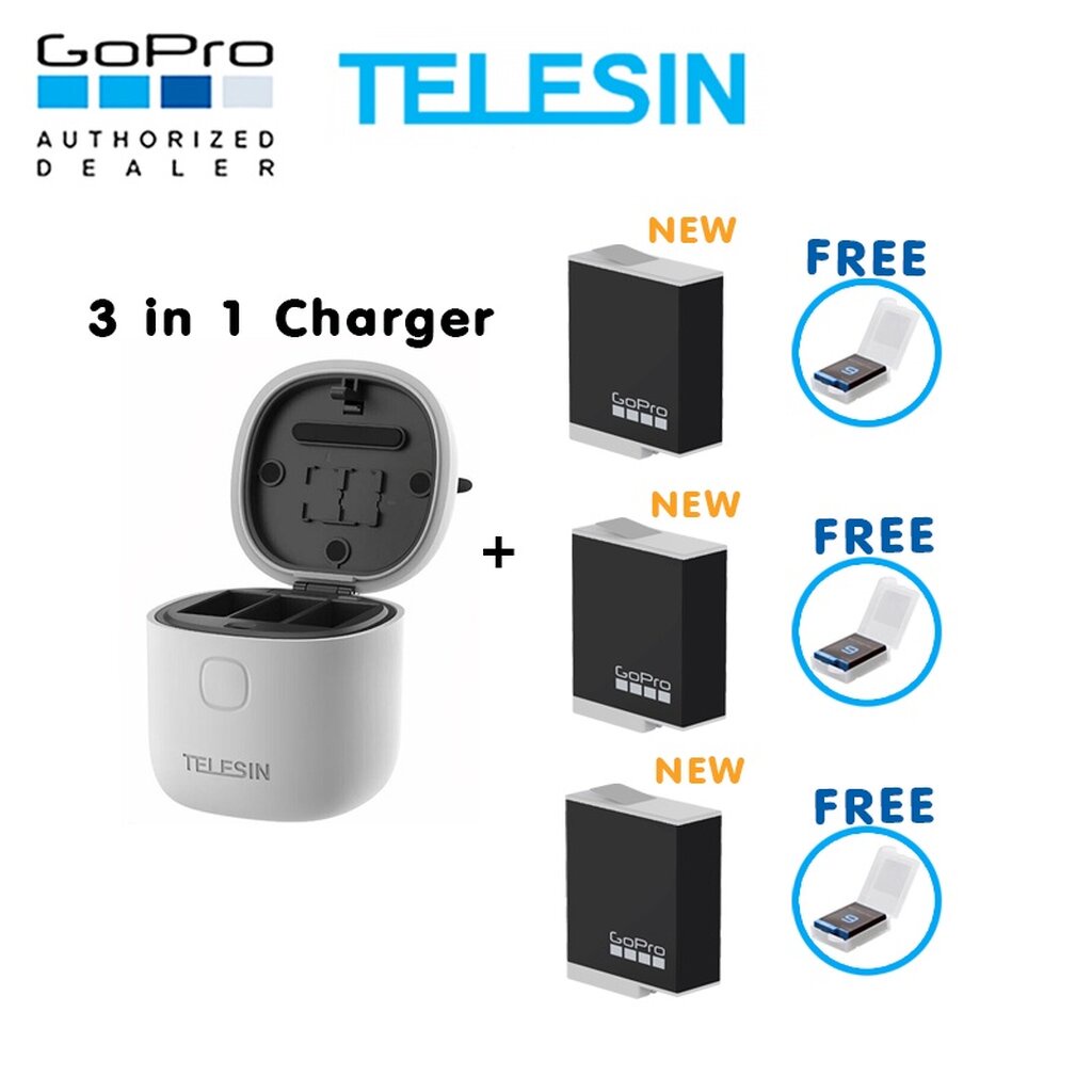 GoPro 11 / 10 / 9 Telesin Allin Box 3 in 1 Charger & Card Reader & Storage Box + Enduro Battery x 3 