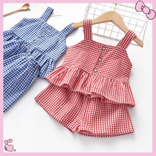 Girls Plaid Suit/2023 New Summer Suspender Top Shorts Set 2 ชิ้น