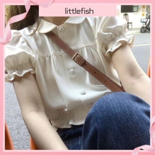 [littlefish] เสื้อเชิ้ตแขนสั้น แขนพัฟ เอวสูง เซ็กซี่ โชว์สะดือ แฟชั่นฤดูร้อน สําหรับผู้หญิง