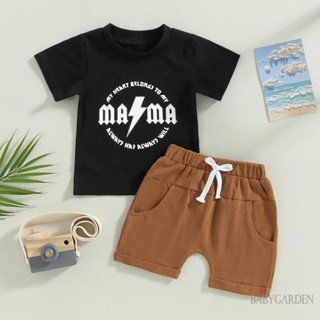 Babygarden-0-3 ปี ชุดเสื้อผ้าเด็กผู้ชาย แขนสั้น คอกลม พิมพ์ลายตัวอักษร + กางเกงขาสั้น สีพื้น แบบผูกเชือก