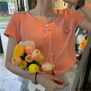 🧡Crush🧡 เสื้อยืด ถักแบบบาง คาร์ดิแกนแขนสั้น พิมพ์น่ารัก เสื้อยืดเกาหลี Y.0104