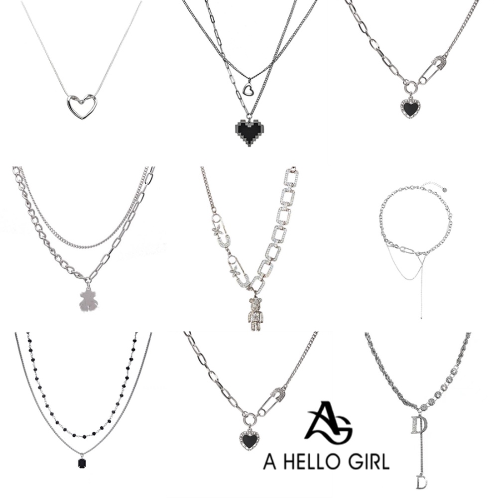 A HELLO GIRL สร้อยคอโซ่ สองชั้น สีดํา โมเสค ความรัก ฤดูร้อน หรูหรา แฟชั่น สุดเท่ ฮิปฮอป สําหรับผู้หญิง