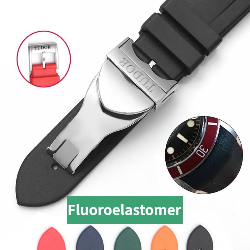 คุณภาพสูง Fluororubber สายนาฬิกาสําหรับ Tudor Black Bay 22 มม.Curve End สร ้ อยข ้ อมือซิลิโคนกันน ้ ําสายรัดนุ ่ มโลโก ้ พับหัวเข ็ มขัด Pin Buckle