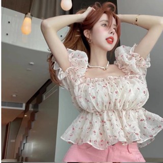 NZN เสื้อครอป เปิดไหล่ ผ้าชีฟอง ลายดอกไม้ สไตล์เกาหลี สําหรับผู้หญิง