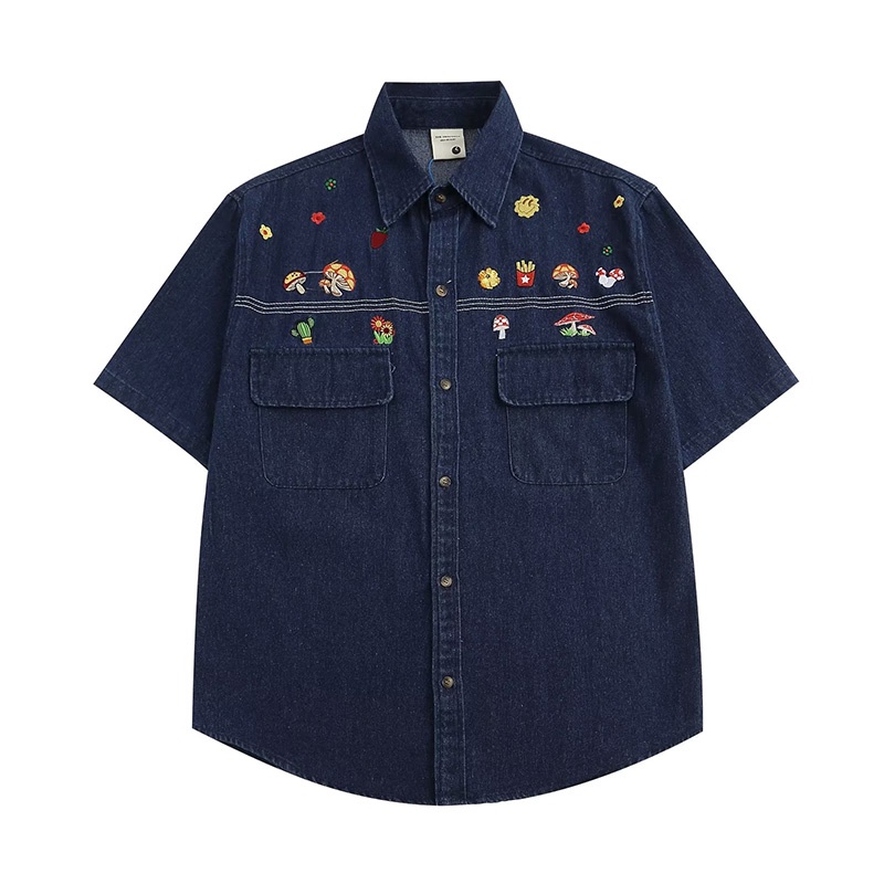 Live Great Men เสื้อ Retro Washed Old Denim ฤดูร้อนใหม่การ์ตูนปักหลวมแขนสั้น
