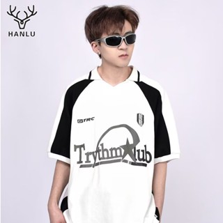 HANLU เสื้อยืดผู้ชาย ใหม่ผู้ชายแฟชั่นอินเทรนด์แบรนด์พิมพ์หลวมแฟชั่นเมืองเสื้อยืดคอกลม