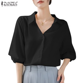 Zanzea เสื้อเชิ้ตแขน 3/4 คอวี สไตล์เกาหลี สําหรับผู้หญิง