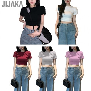 Jijaka Women Short Sleeve Shirt  Solid Color Women Short Sleeve Top Polyester Tight Fitting  for Summer