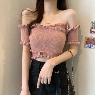 พร้อมส่ง เสื้อยืดแขนสั้น เปิดไหล่ข้างเดียว เข้ารูป แต่งลูกไม้ แฟชั่นเกาหลี สําหรับผู้หญิง Nz-TX-541